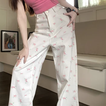 Корейски Секси Ежедневните си Джинси с флорални принтом, Дамски Летни новости 2023, Модерни, универсални широки панталони с висока Талия