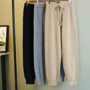 Есенно-зимния пуловер, женски зреещи, обикновена ежедневни панталони до щиколоток с висока талия, корейски модерни трикотажни ластични панталони