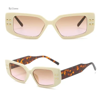 Модни Луксозни Слънчеви очила с нитове, Женски Квадратни нюанси UV400, Маркови дизайнерски Мъжки Слънчеви Очила от Чаено цвят Син цвят