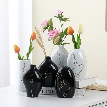 Абстрактна керамична ваза, ръчно рисувани, ръчно рисувани фигурки, саксия, Минималистичная ваза за цветя в ретро стил за домашен интериор дневна
