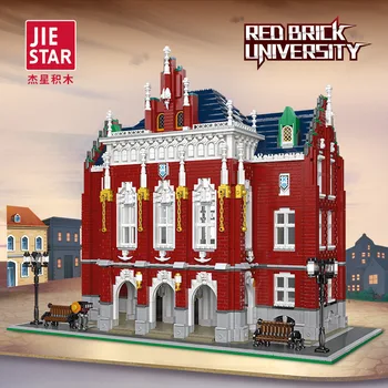 JIESTAR 89123 градивен елемент от червени тухли университетски гледка към улицата градски сграда монтажна модел за възрастни играчка за сглобяване на висока сложност
