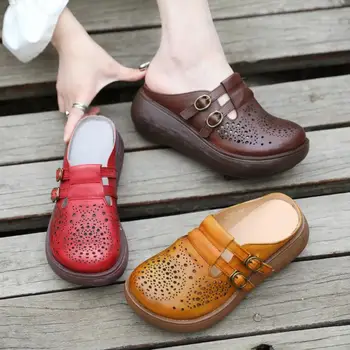Дизайнерски обувки на платформа и танкетке от естествена кожа, 6 см, Автентични Модерни чехли от естествен материал, Женски кухи сандали, летни обувки гумени подметки